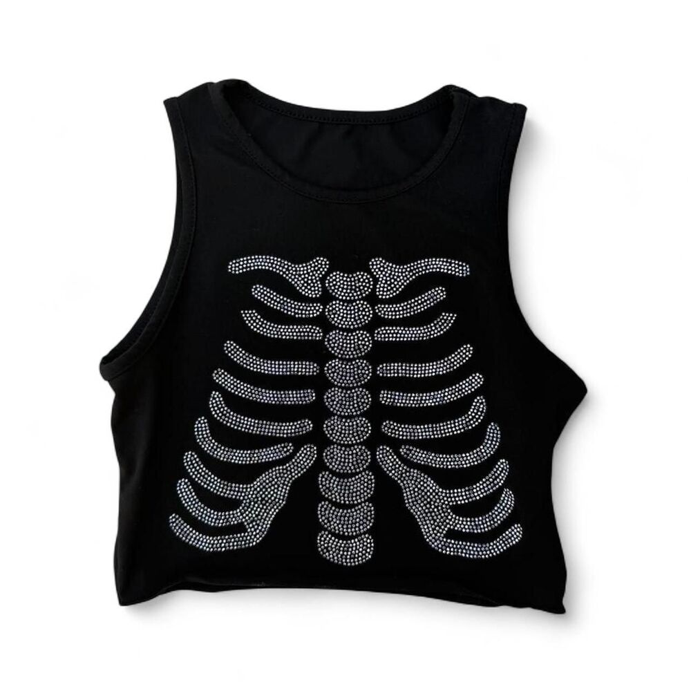 Women's Black and Silver Skeleton Crop-top